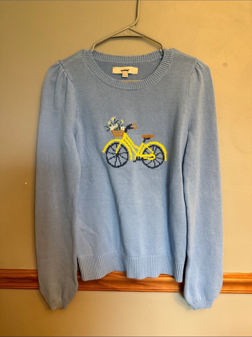 LOFT Light Blue Bicycle Embroidered Sweater Puff Sleeve XS